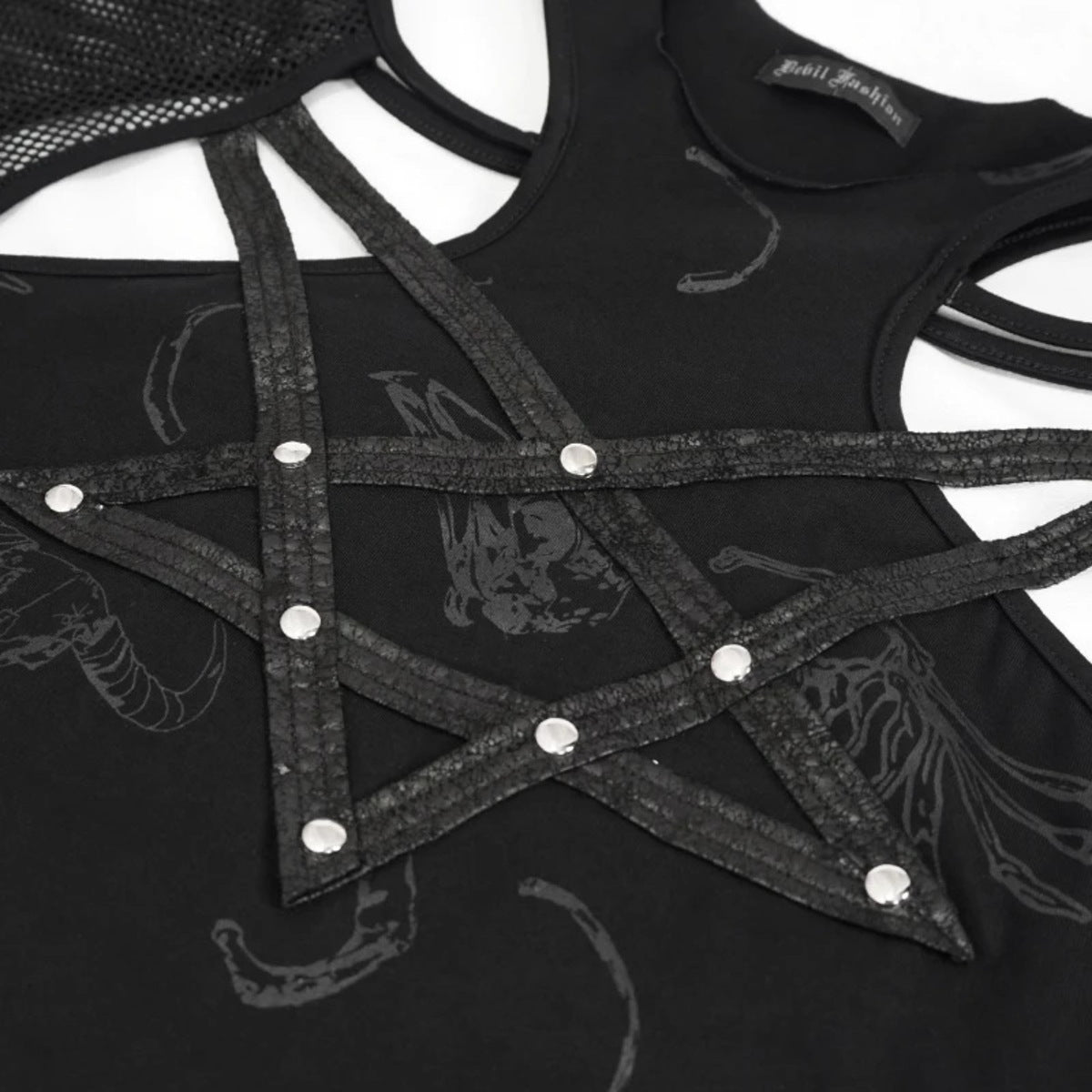 Pentagram Net Sleeve Shoulder Cutout Top