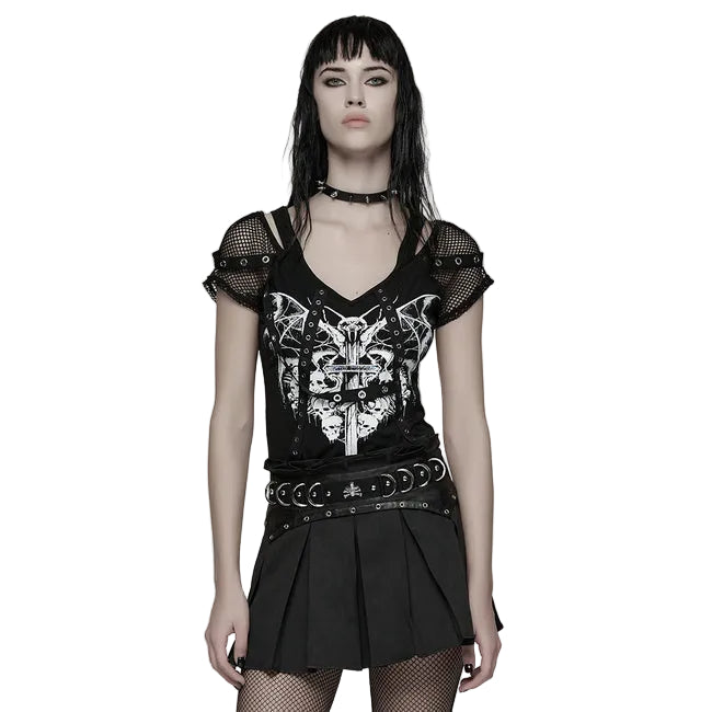 Punk Printed Mesh Strap Sleeve Top