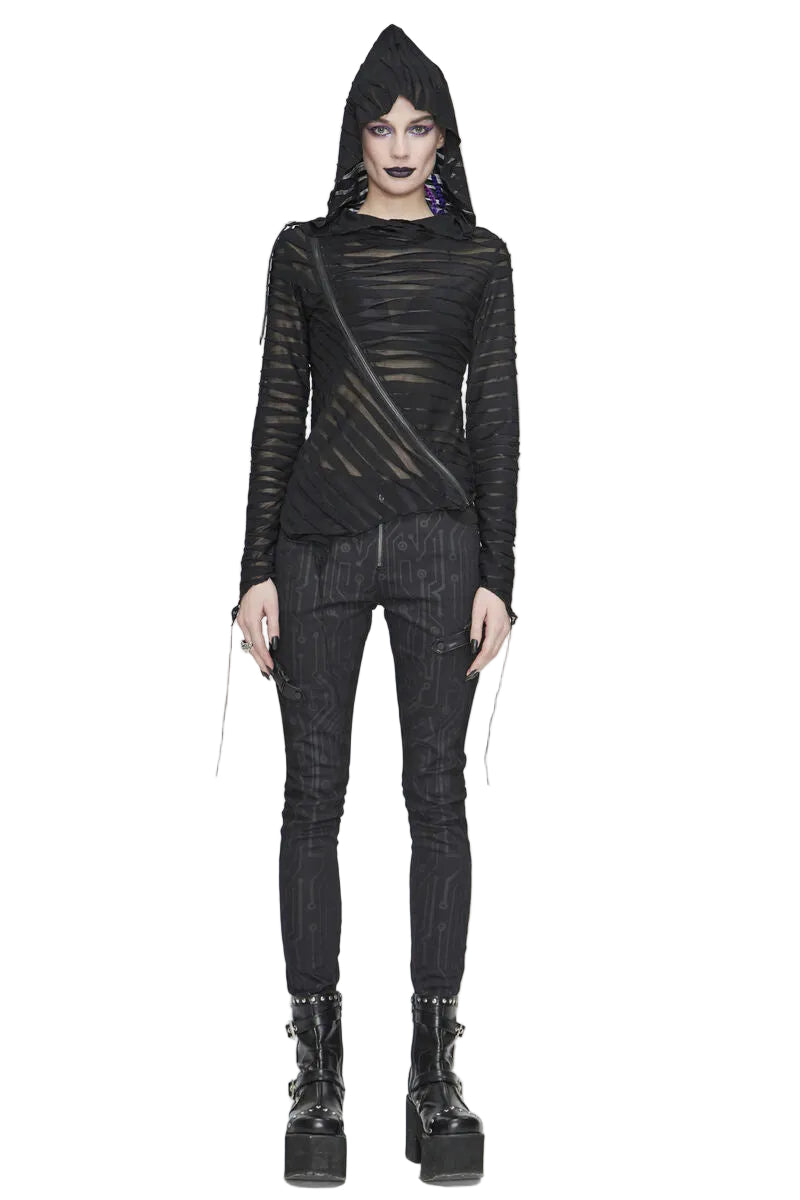 Diagonal Shoulder Zip Sheer Hooded Top