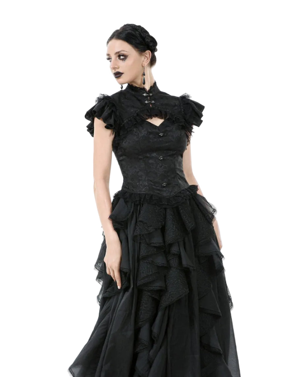 Cutout Crucifix Frill Hem Jacquard Blouse