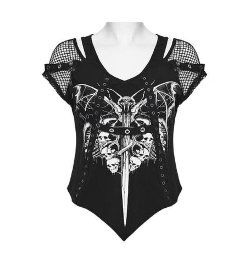 Punk Printed Mesh Strap Sleeve Top