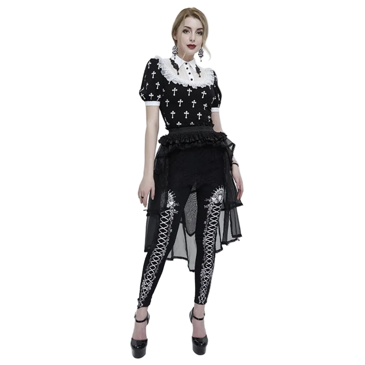 White Frill Crucifix Print Blouse