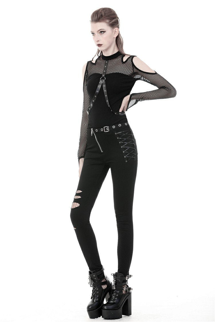 Punk Shoulder Cut Out Net Sleeve Top