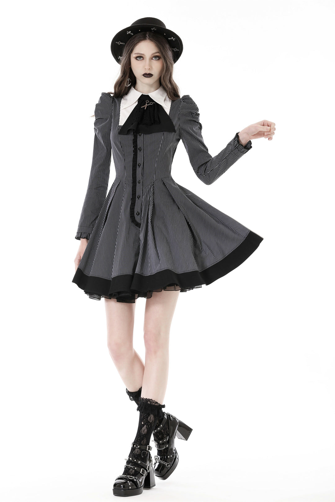 Pinstripe Scissor Cravat Collar Dress