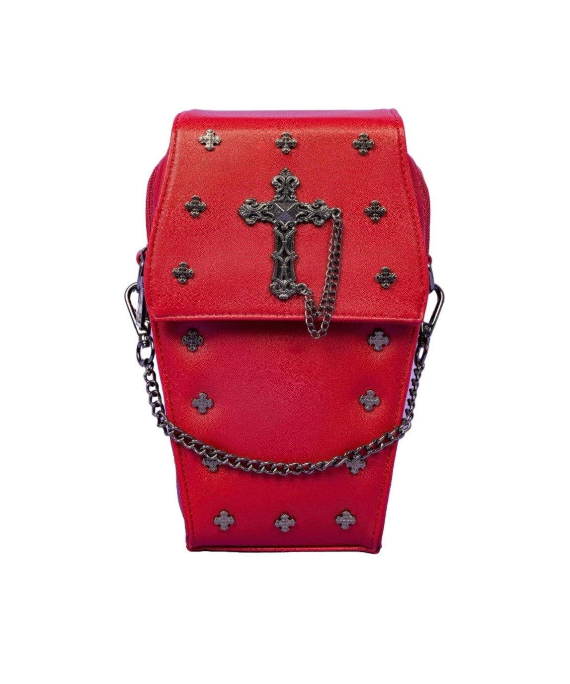 Mini Red Coffin Chain Bag With Metal Crucifix