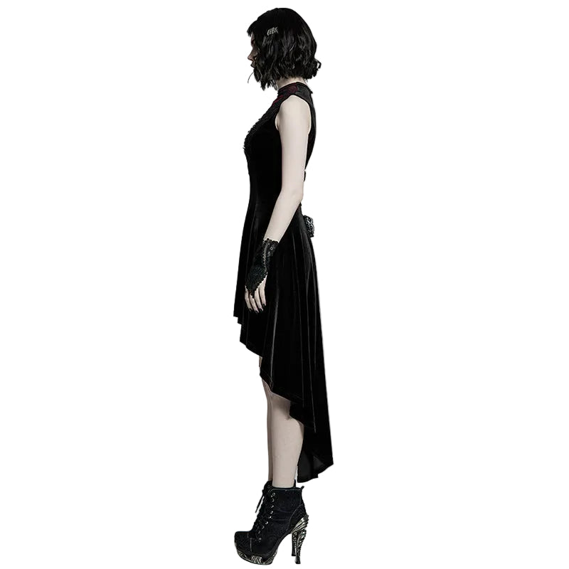 Black Gothic Hi-Lo Waterfall Velvet Sleeveless Dress