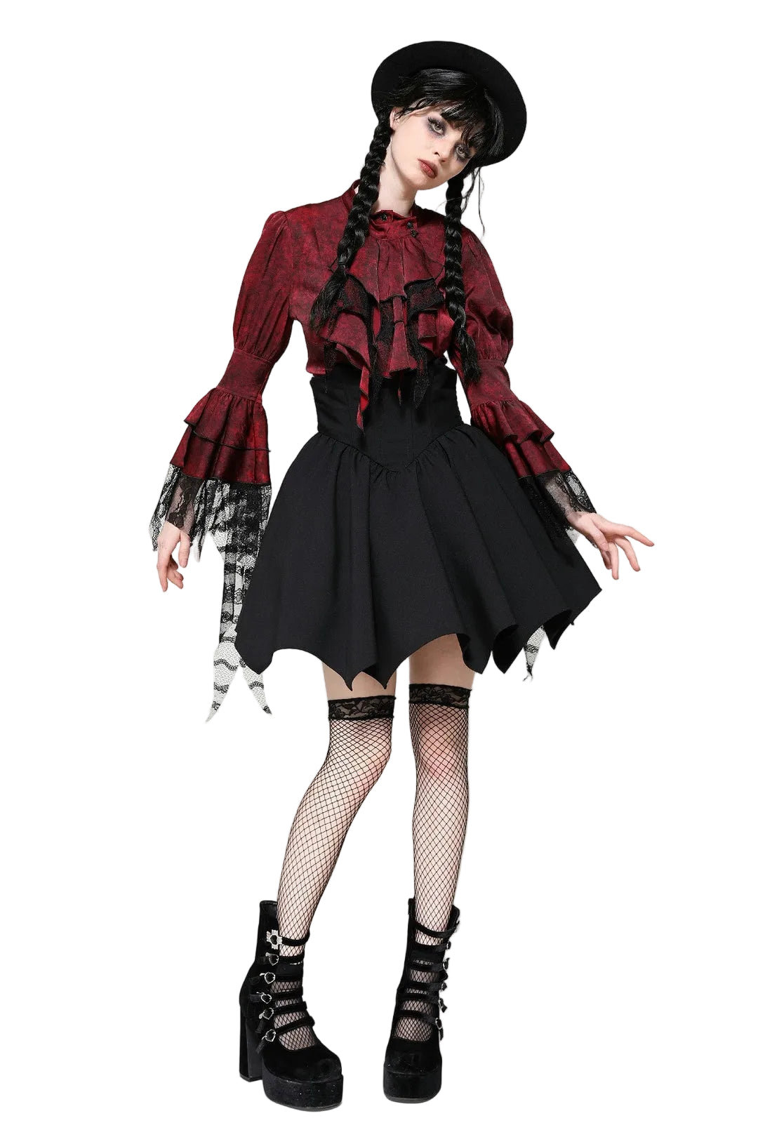 Red Ruffle Neck Trail Sleeve Blouse