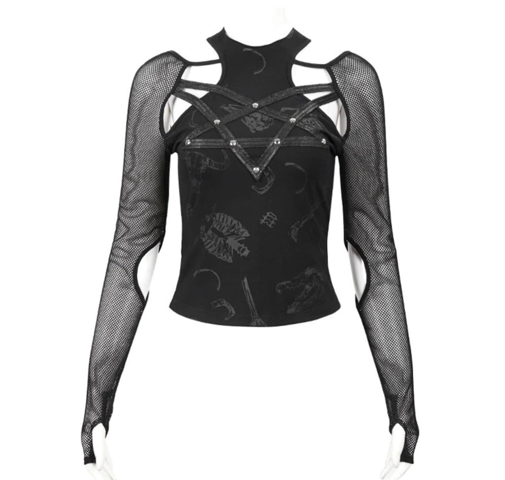 Pentagram Net Sleeve Shoulder Cutout Top