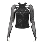 Pentagram Net Sleeve Shoulder Cutout Top