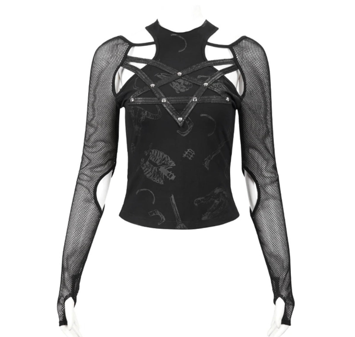 Pentagram Net Sleeve Shoulder Cutout Top