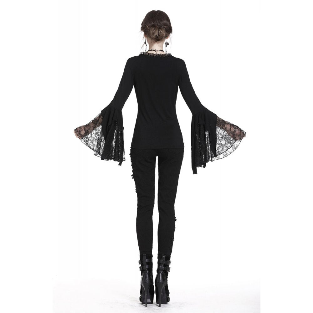 Diamond Neck Cut Lace Bell Sleeve Blouse