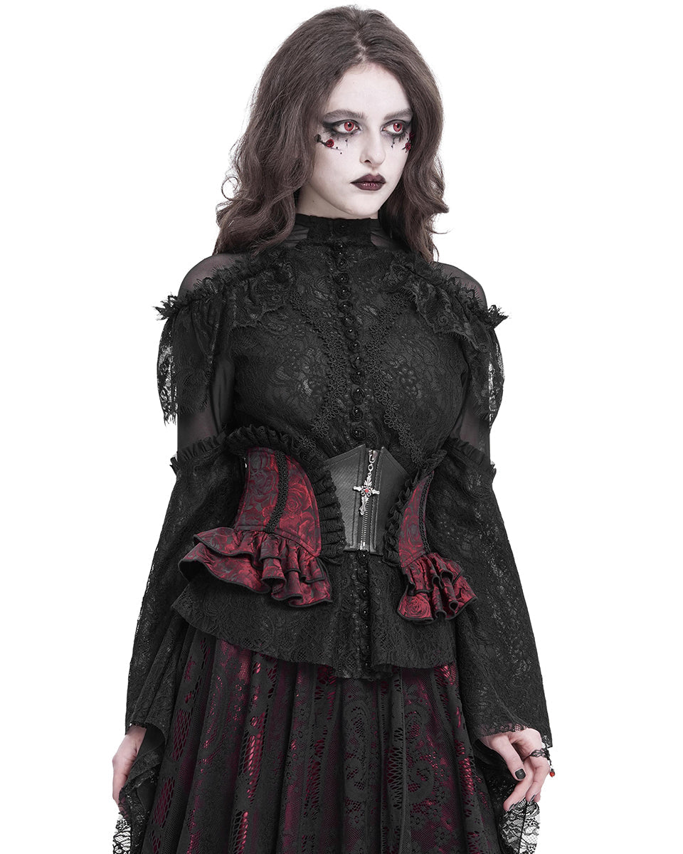 Red Crucifix Rose Frill Corset Belt
