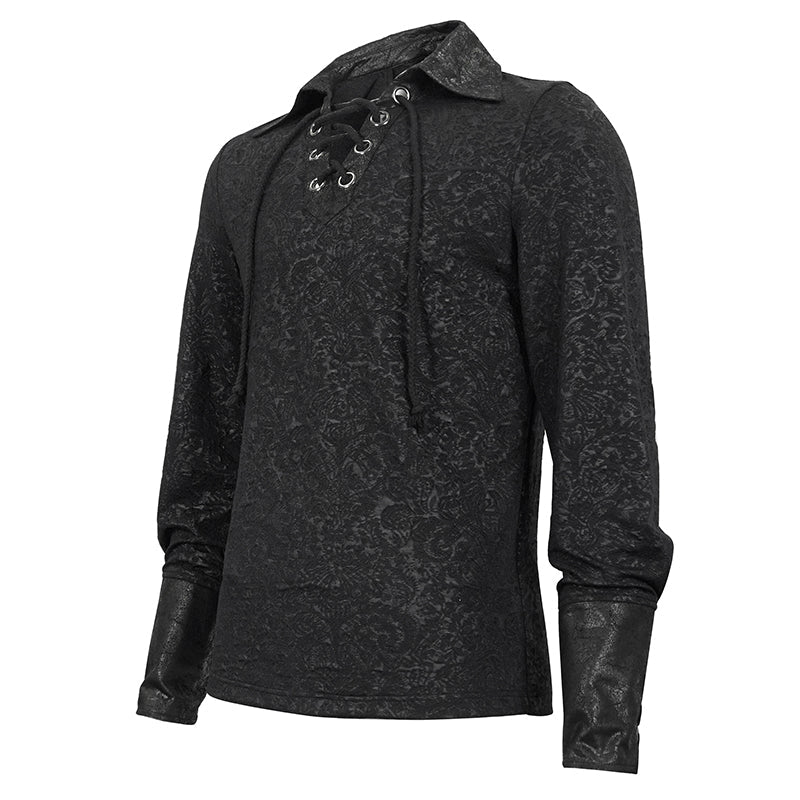 Lace Up Collar Patterned Shirt