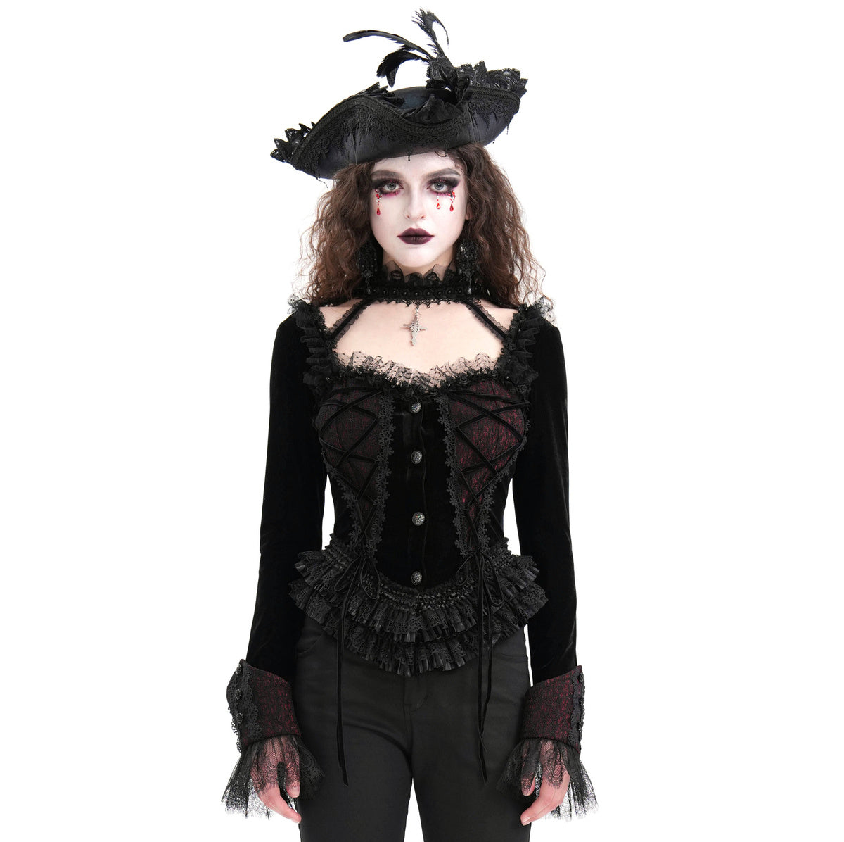 Gothic Cut Out Lace Hem Blouse