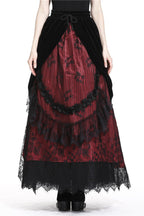 Red Princess Pleat Lace Velvet Maxi Skirt