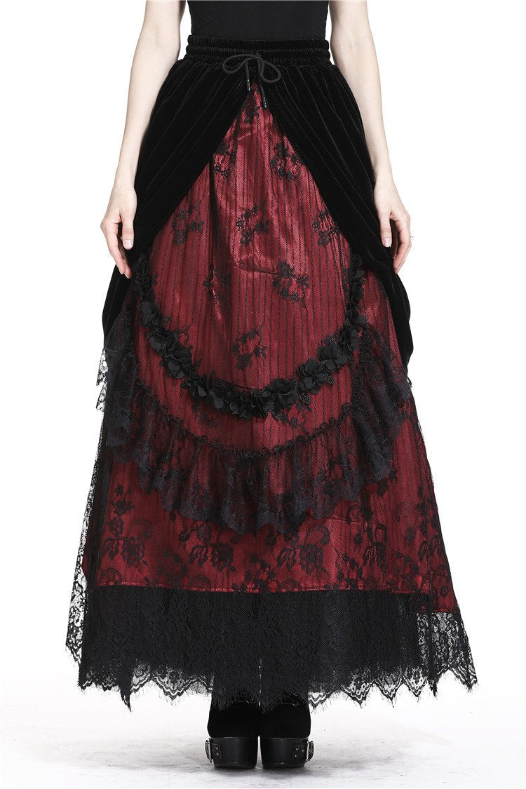 Red Princess Pleat Lace Velvet Maxi Skirt