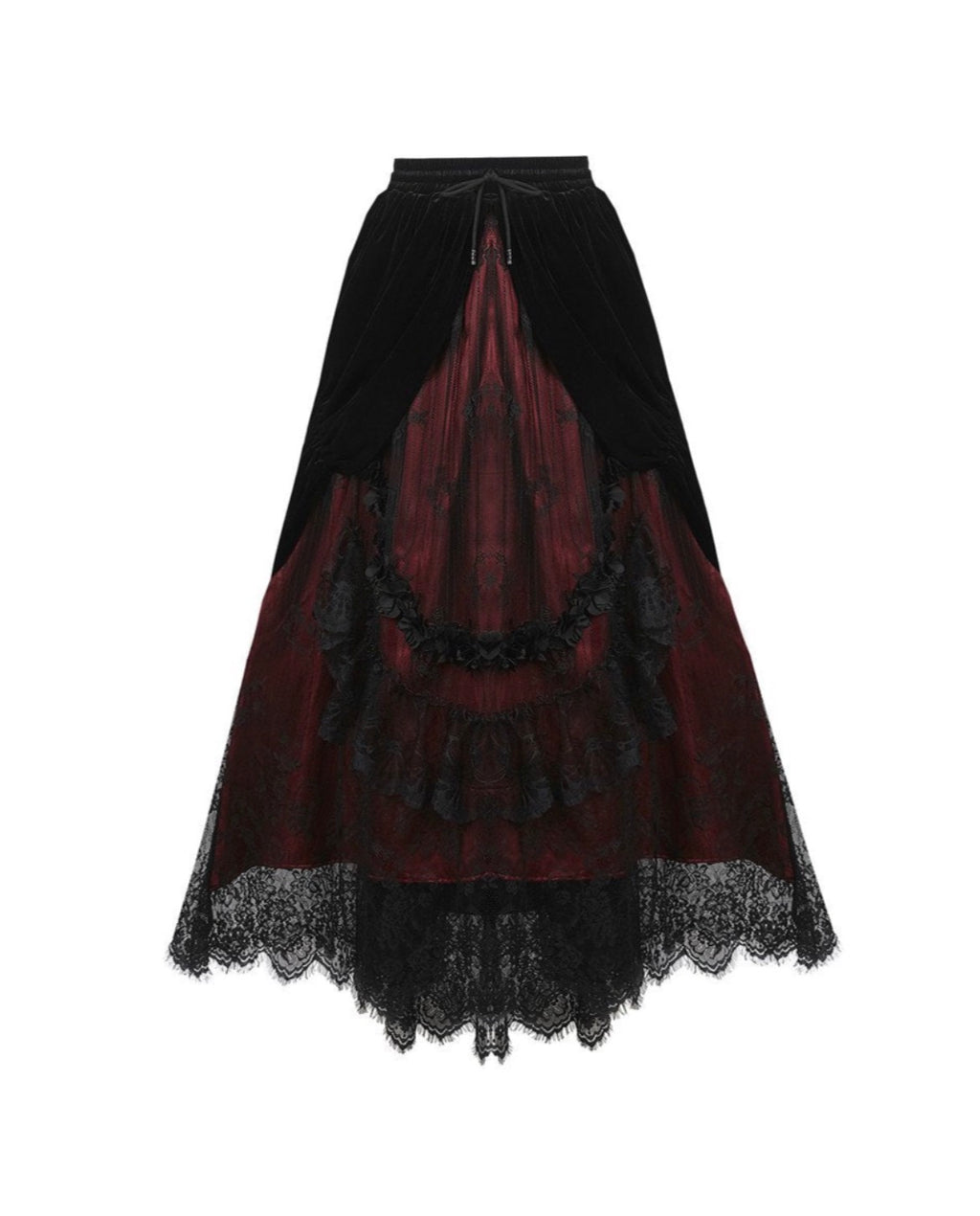 Red Princess Pleat Lace Velvet Maxi Skirt