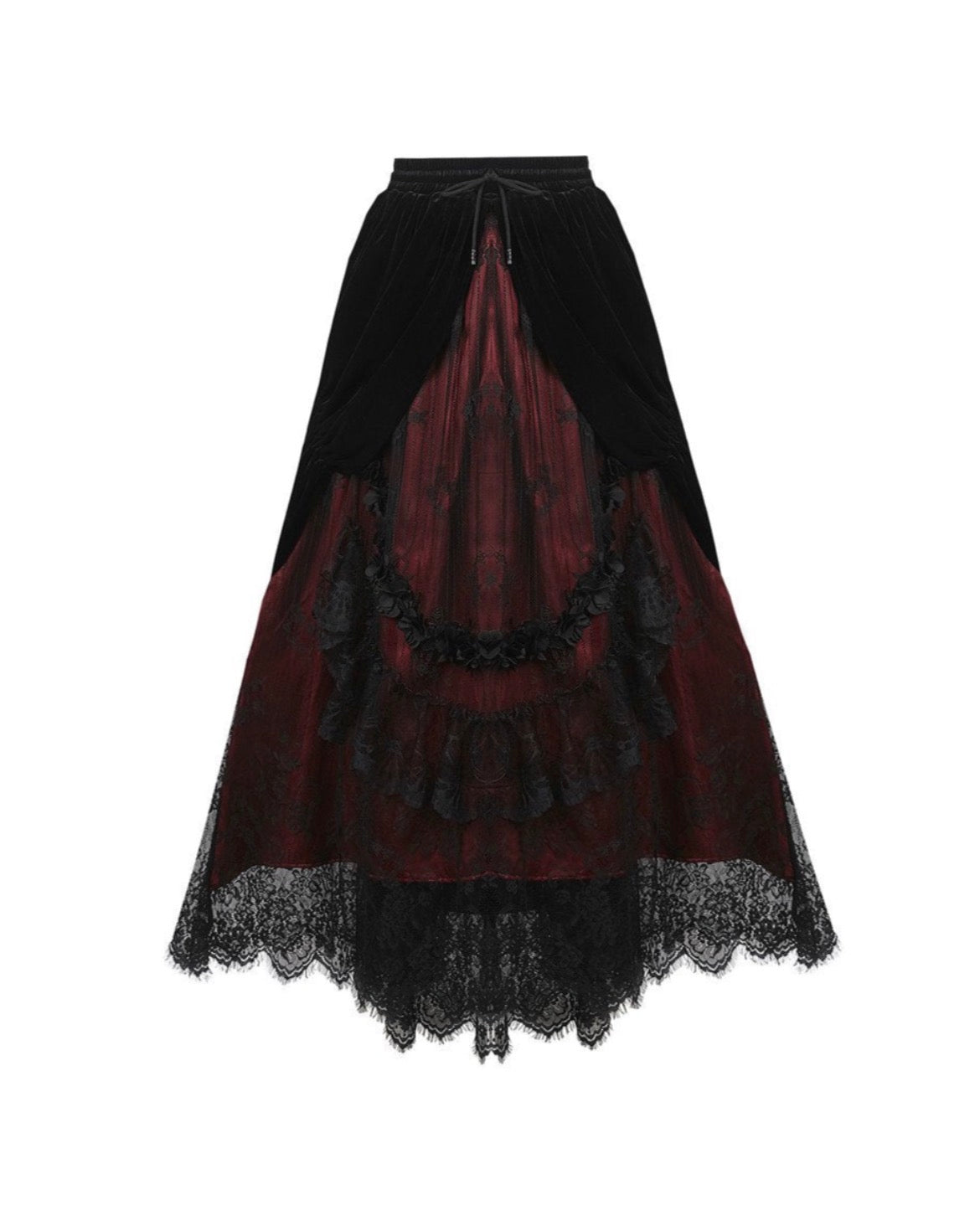 Red Princess Pleat Lace Velvet Maxi Skirt