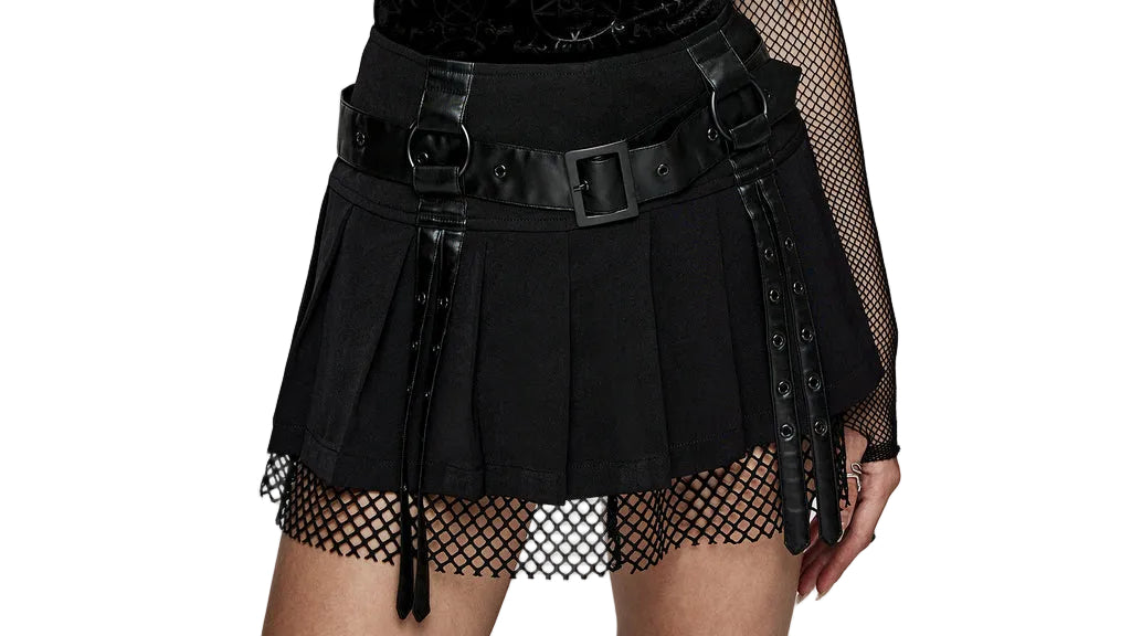 Buckle Strap Net Mini Skirt