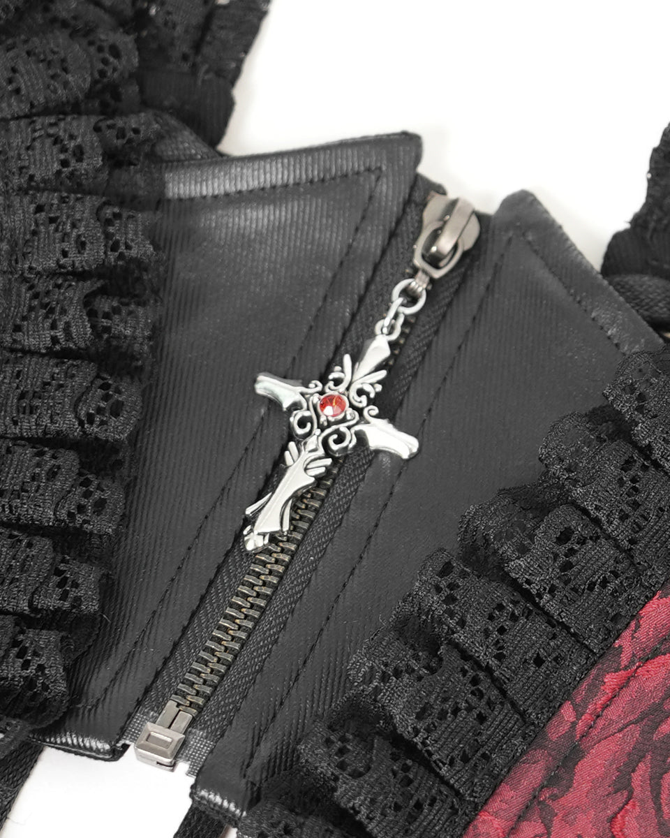Red Crucifix Rose Frill Corset Belt