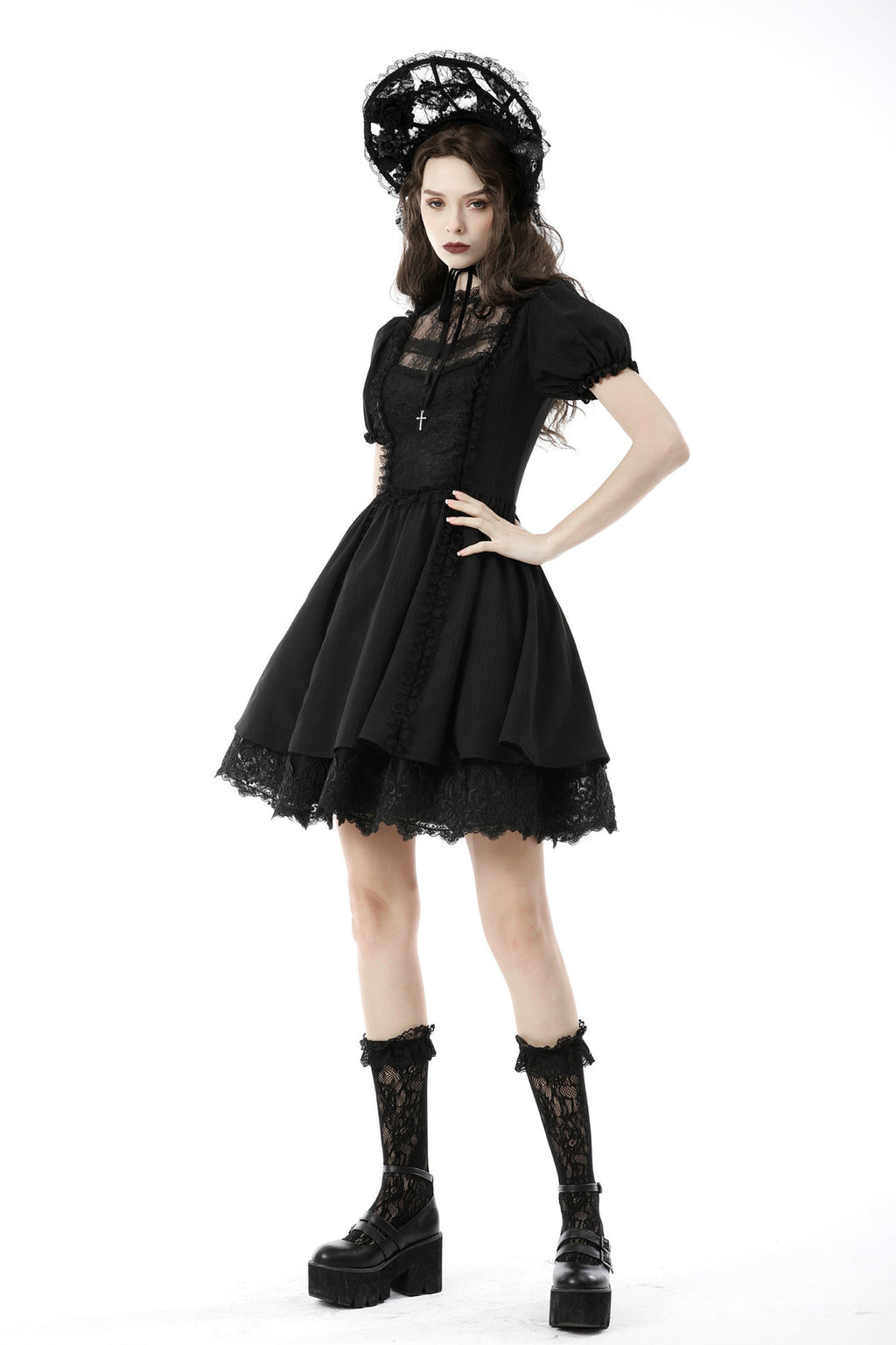 Vintage Netted Neck Puff Sleeve Dress