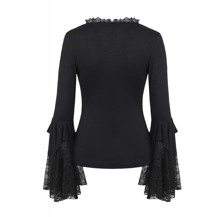 Diamond Neck Cut Lace Bell Sleeve Blouse