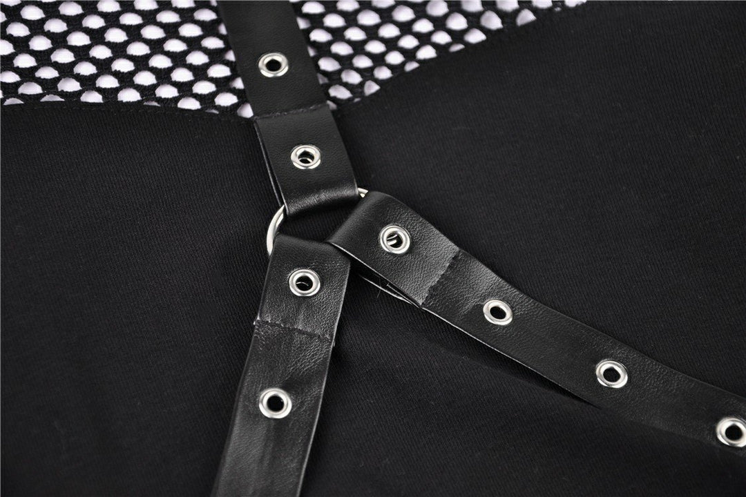 Punk Shoulder Cut Out Net Sleeve Top