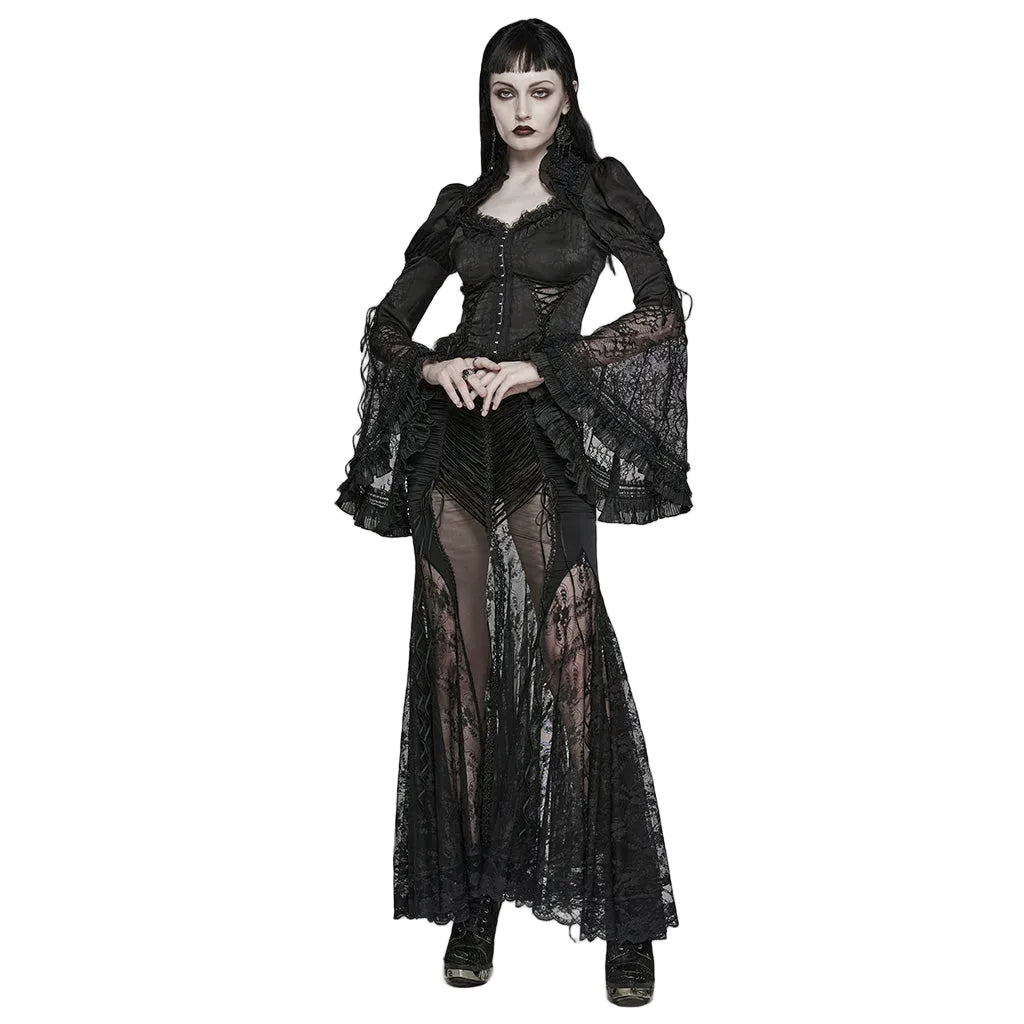 Flared Sleeve Lace High Neck Corset Style Blouse
