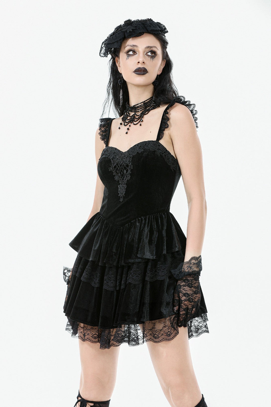Lace Wing Strap Ruffle Dress