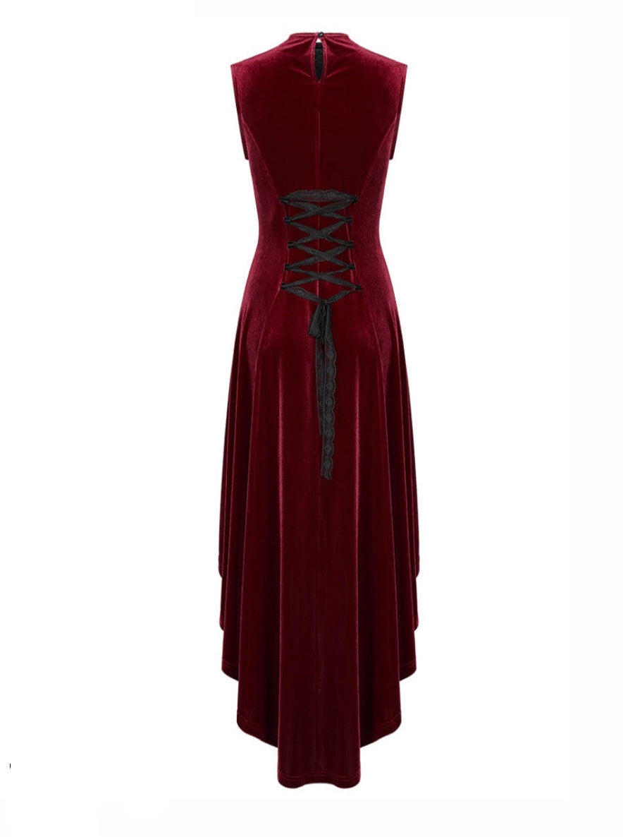 Red Gothic Hi-Lo Waterfall Velvet Sleeveless Dress