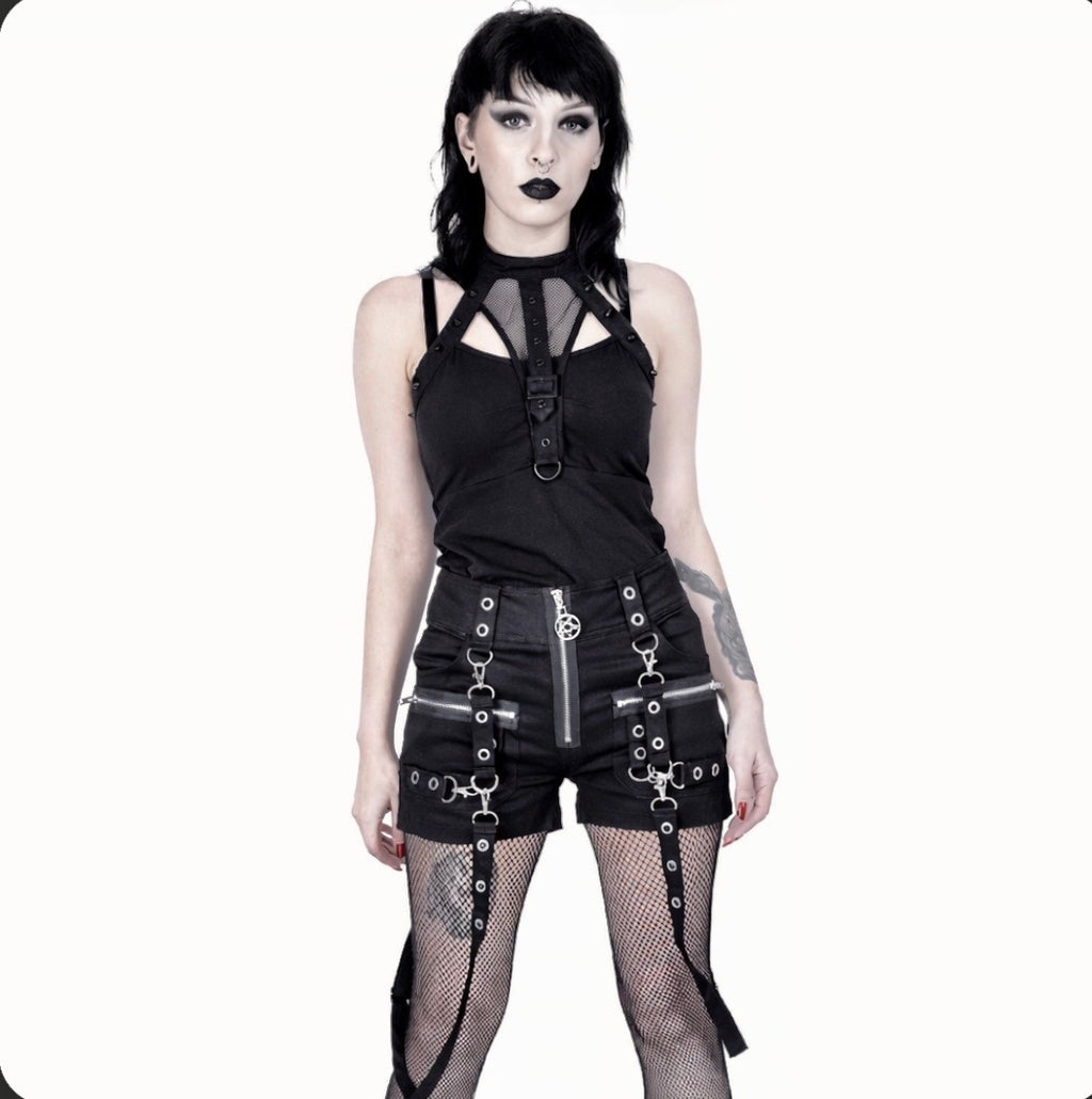 Eyelet Strap Pentagram Zip Shorts