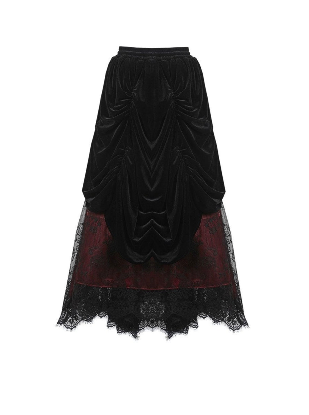 Red Princess Pleat Lace Velvet Maxi Skirt