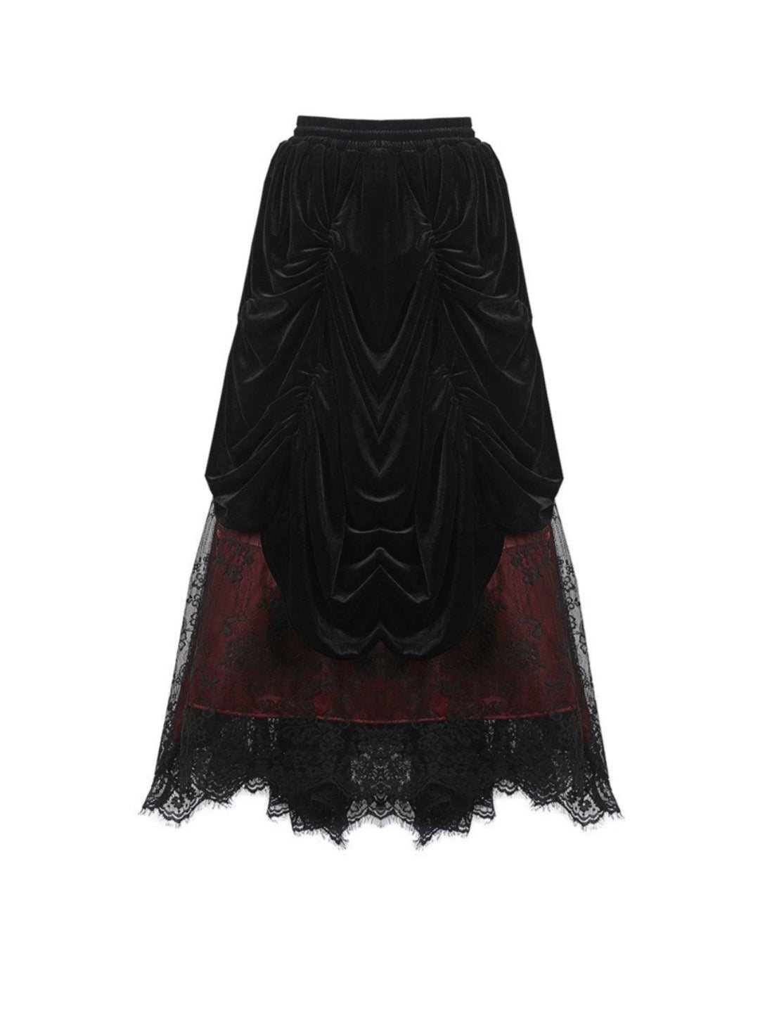 Red Princess Pleat Lace Velvet Maxi Skirt