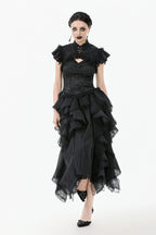 Cutout Crucifix Frill Hem Jacquard Blouse