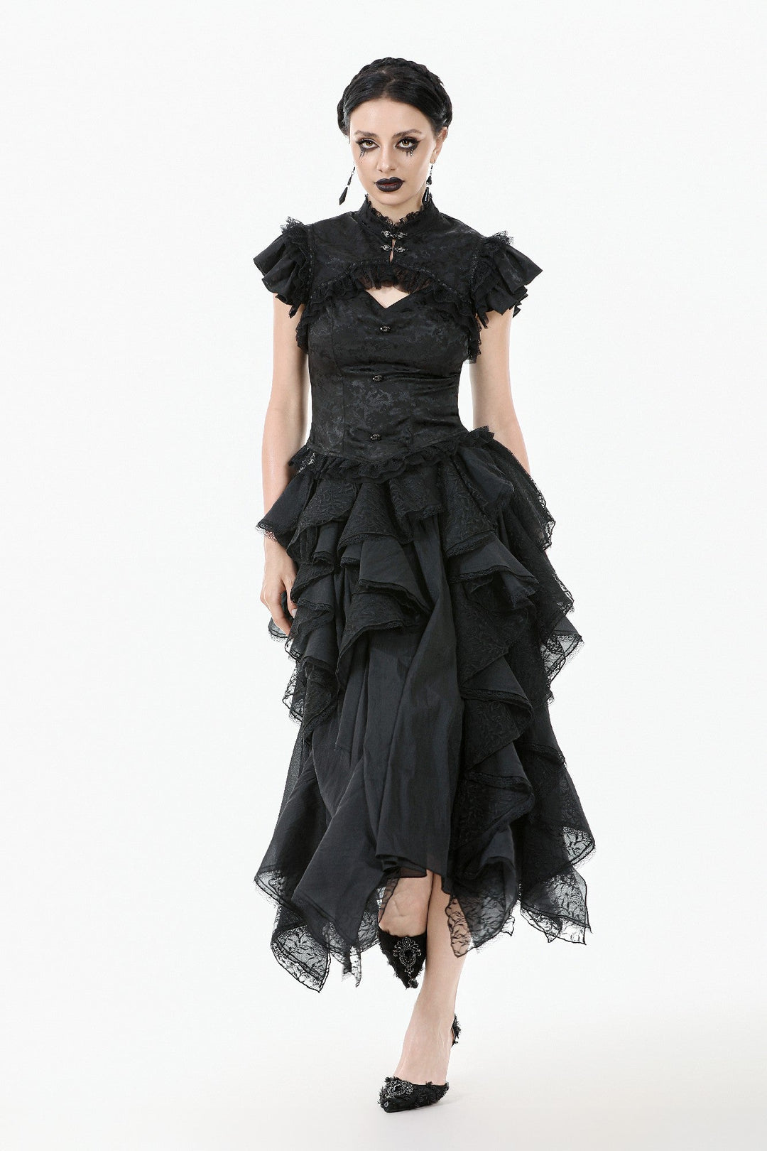 Cutout Crucifix Frill Hem Jacquard Blouse