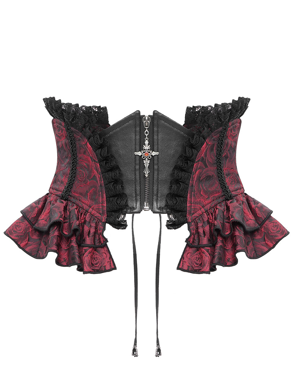 Red Crucifix Rose Frill Corset Belt