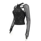Pentagram Net Sleeve Shoulder Cutout Top