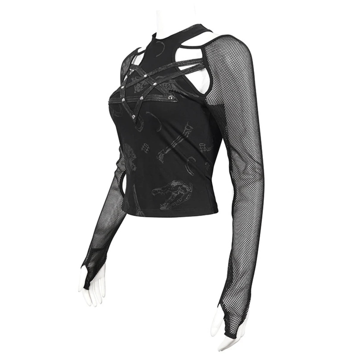 Pentagram Net Sleeve Shoulder Cutout Top