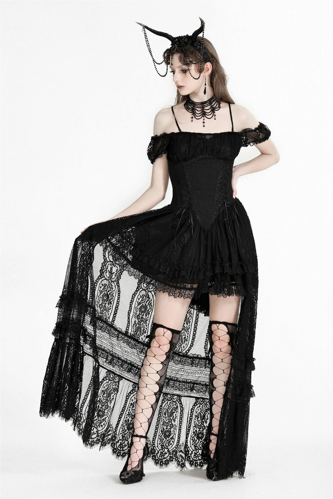 Romantic Lace Trail Bardot Strap Dress