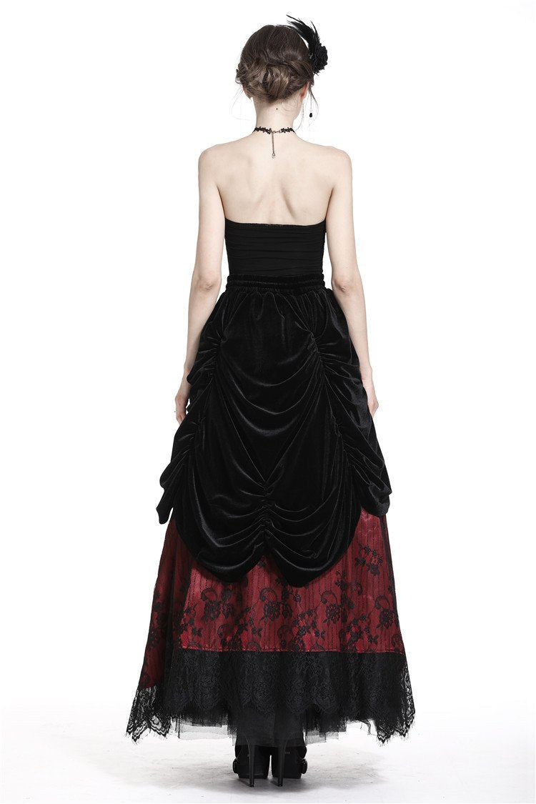 Red Princess Pleat Lace Velvet Maxi Skirt