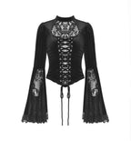 Lace Cutout Flare Arm Velvet Blouse