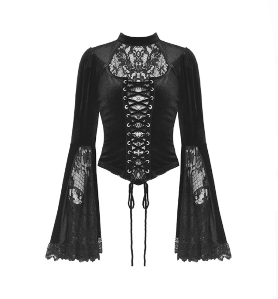 Lace Cutout Flare Arm Velvet Blouse