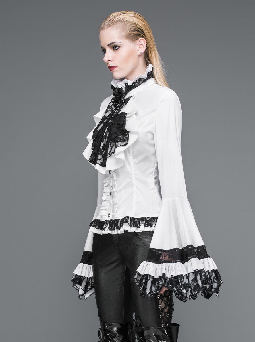 Flared Ruffle Sleeve Rose Cravat White Blouse