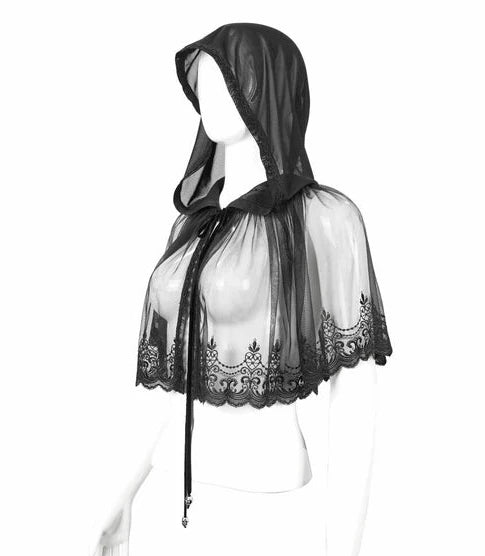 Sheer Patterned Hem Hooded Shrug Cape
