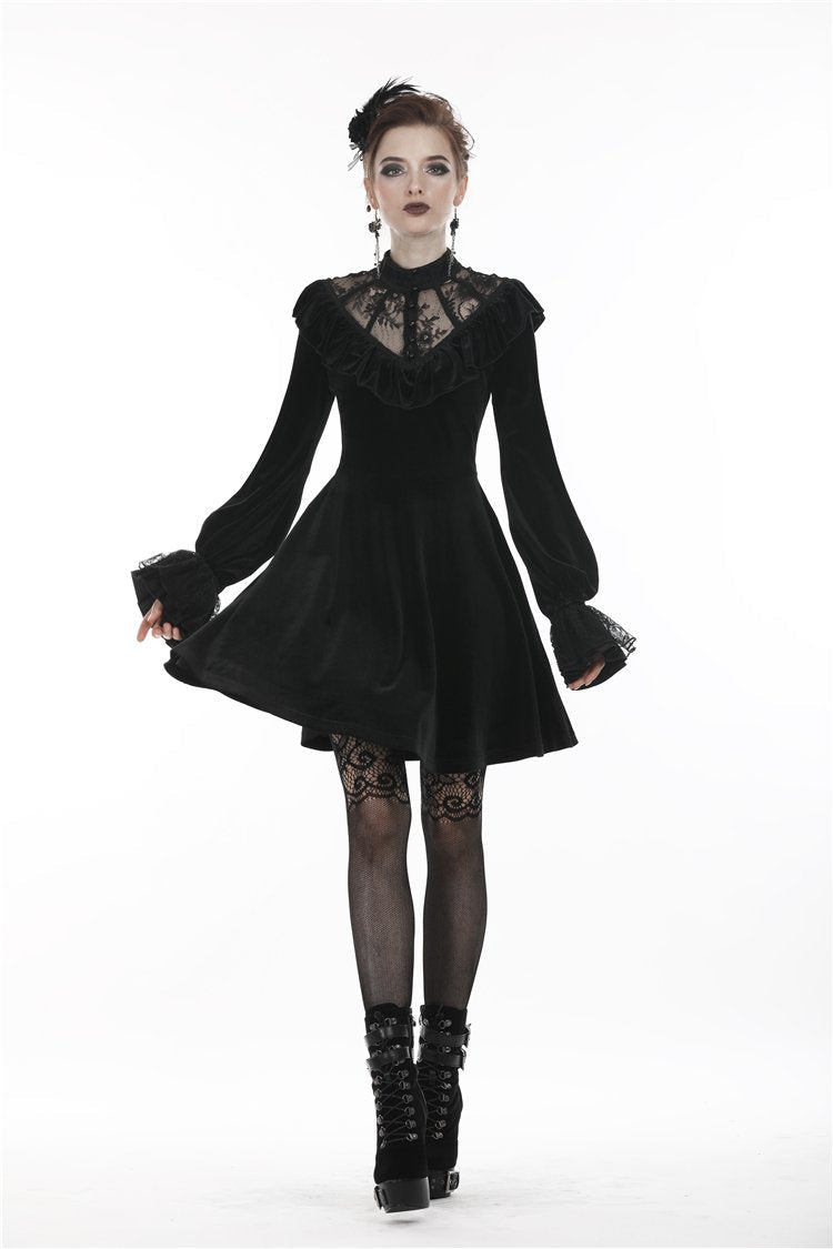Sheer Lace V Neck Velvet Dress