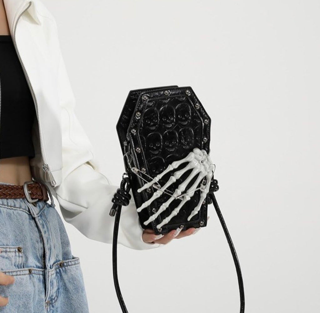 Coffin Skull Patterned Skeleton Hand Bag