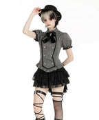 Pinstripe Ribbon Cat Broach Collar Blouse