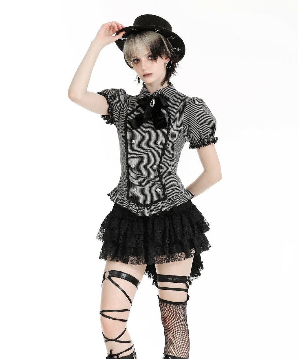 Pinstripe Ribbon Cat Broach Collar Blouse