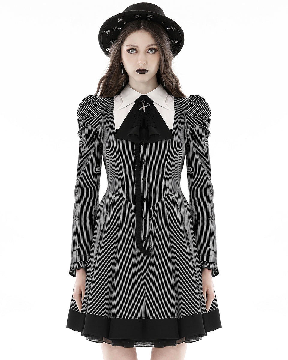 Pinstripe Scissor Cravat Collar Dress