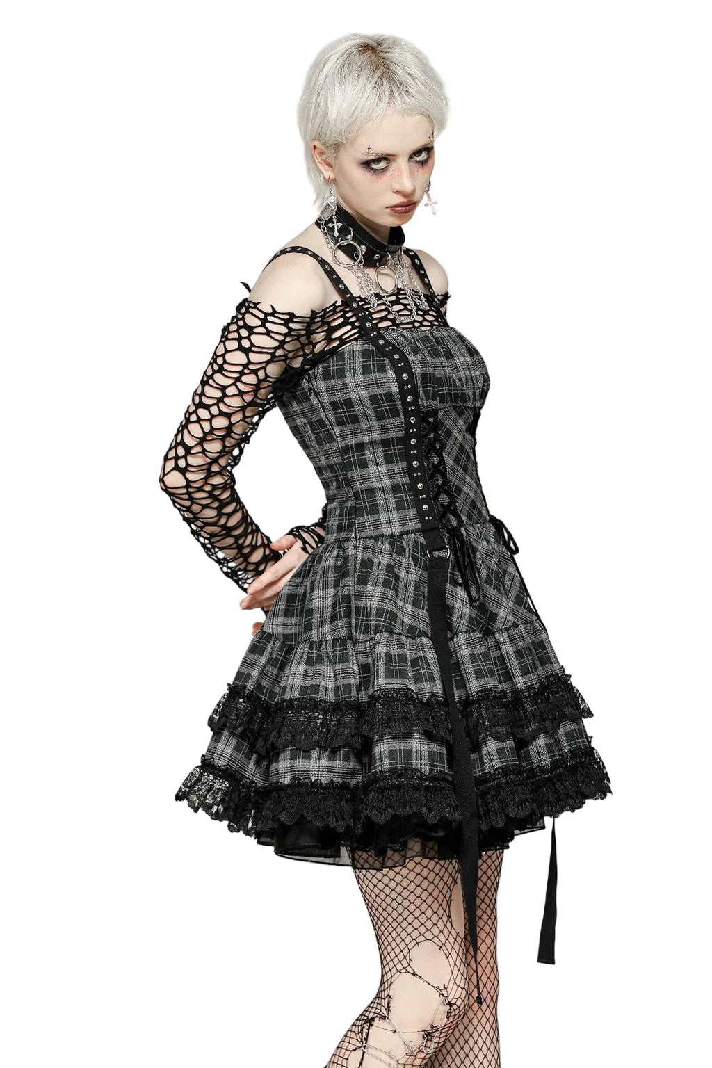 Grey Plaid Lace Up Mini Dress